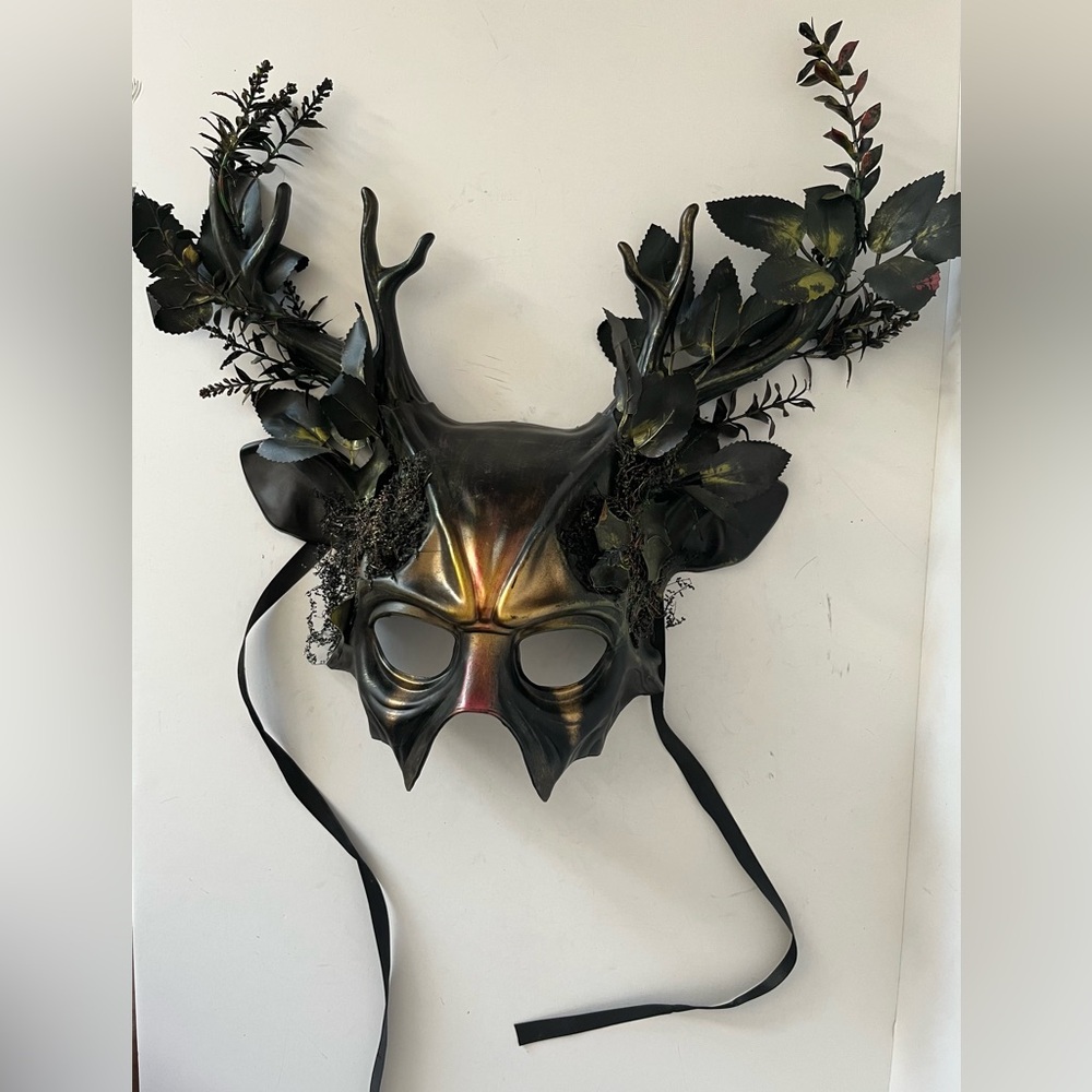 Hand Crafted Forest Deer Antler Halloween Mask Black Gold Hand Painted Moss Fern - Picture 2 of 12